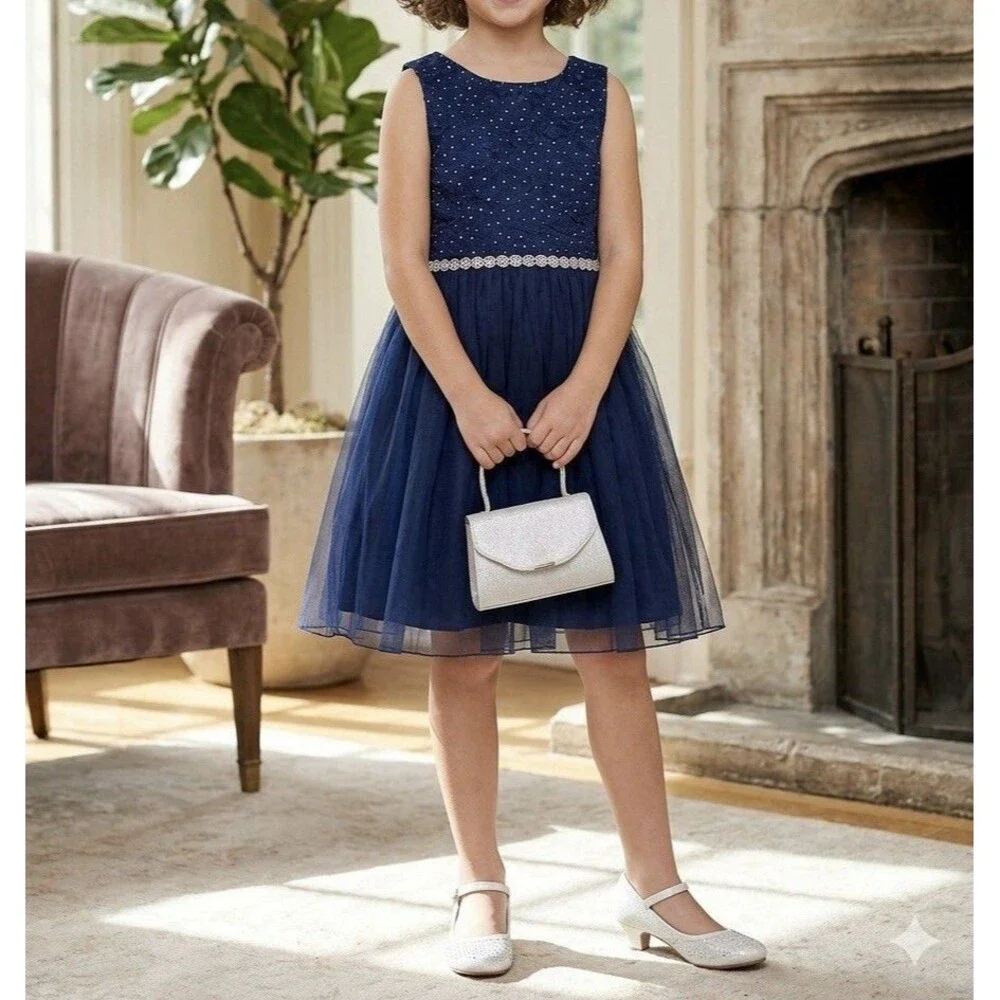 Speechless Kids Girls Size 8 Navy Blue Lace Sparkle Tulle Formal Party Dress
